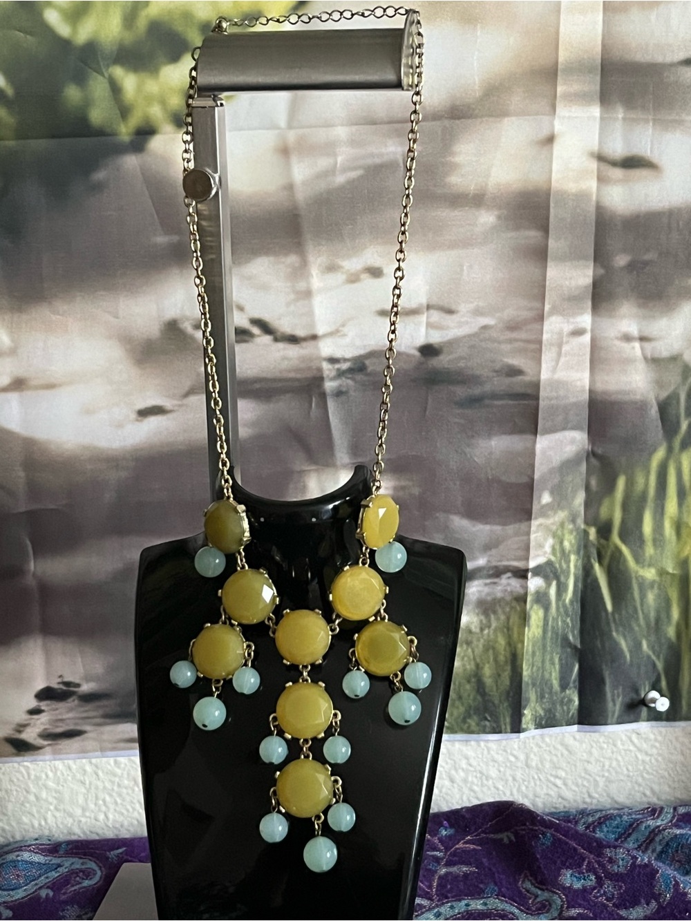 Yellow and Light Blue Statement Bib Necklace